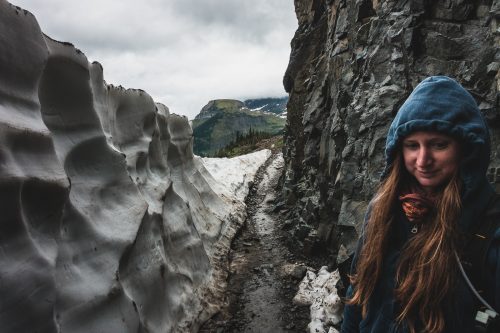 The snow is taller than me! Highline Trail, Glacier National Park, Montana, United States.